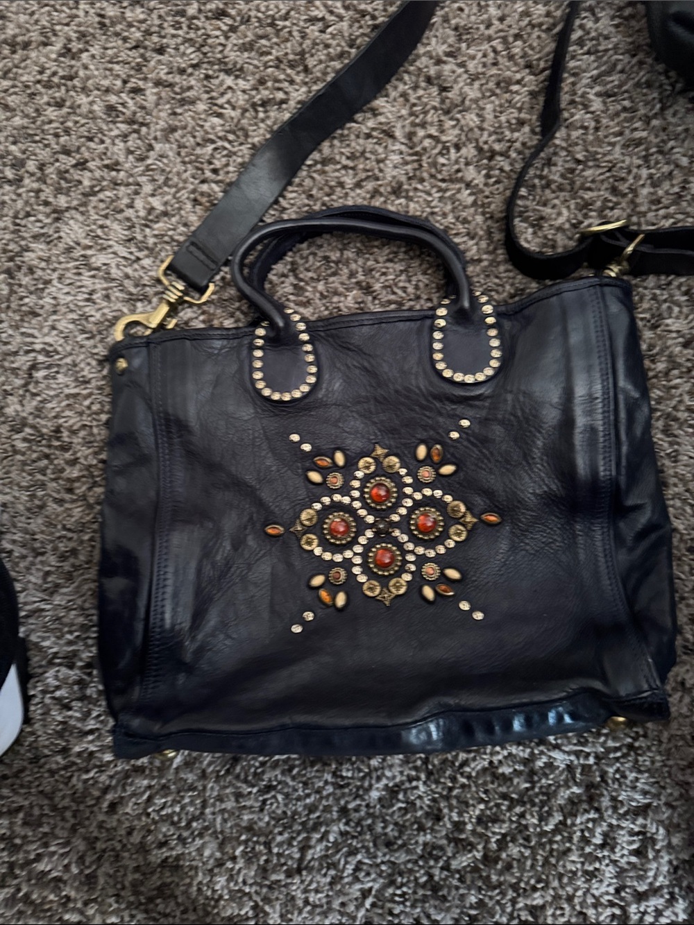 Campomaggi Black Leather Shoulder Tote with Gold and Amber Embellishments